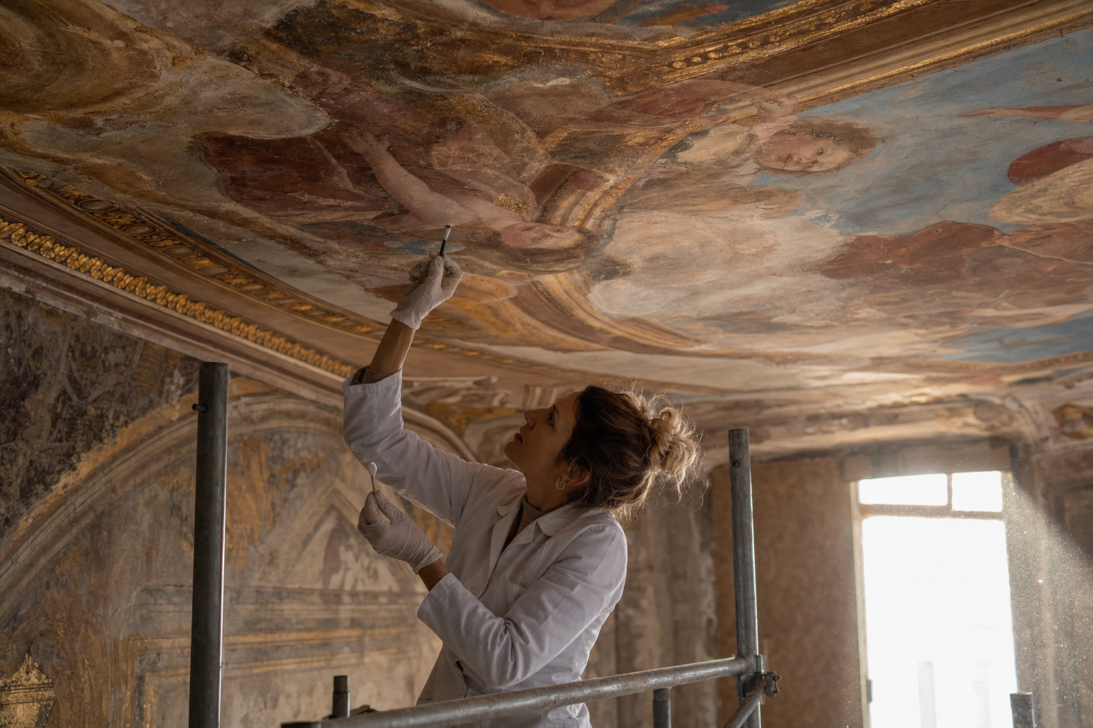 Restauratrice al lavoro su un affresco di soffitto storico a Bari